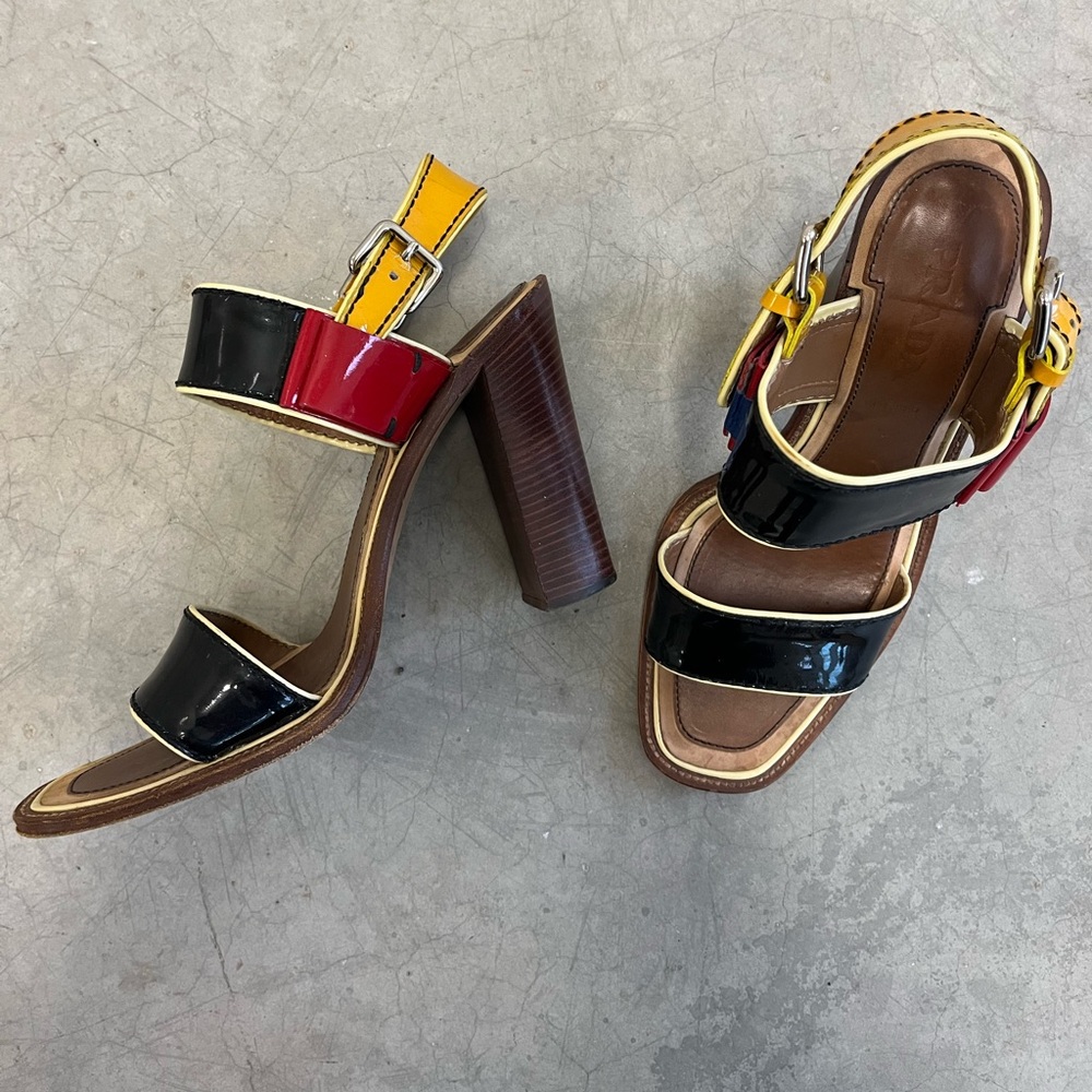Prada Patent Leather Sandal Heels (sz 38) - red, yellow, black